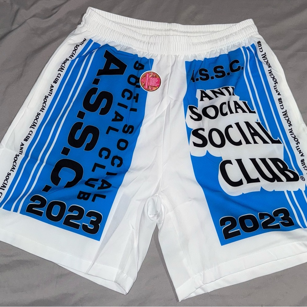 Anti Social Social Club White Shorts with Blue Graphic Panels